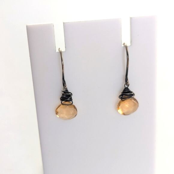 Artisan Made Wire Wrapped Citrine Glass Sterling Silver Hook Dangle Earrings - Picture 1 of 3